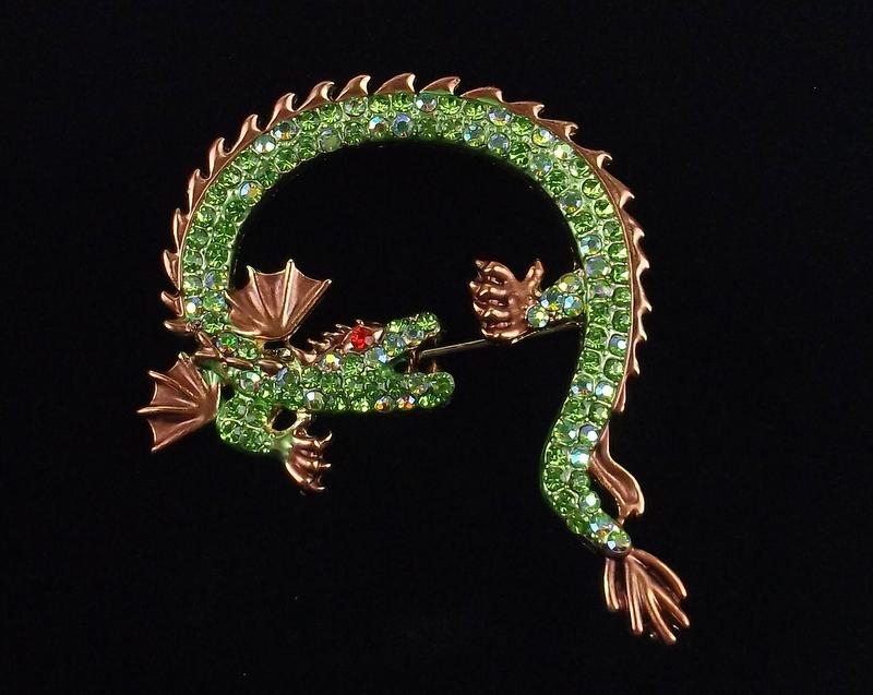 Mint Enameled Rhinestone Dragon Brooch (1 of 2)