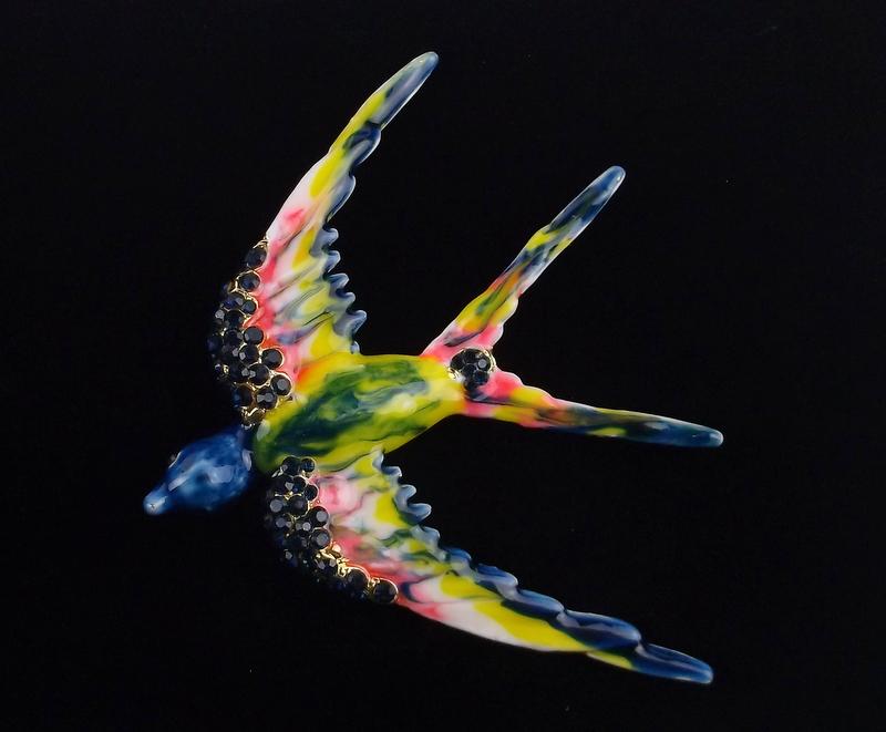 Mint Enameled Rhinestone Swallow Bird Brooch (1 of 2)
