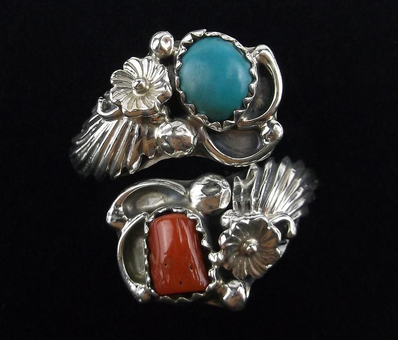 Navajo Etta Belin Sterling Turquoise Coral Ring Adjust (1 of 2)