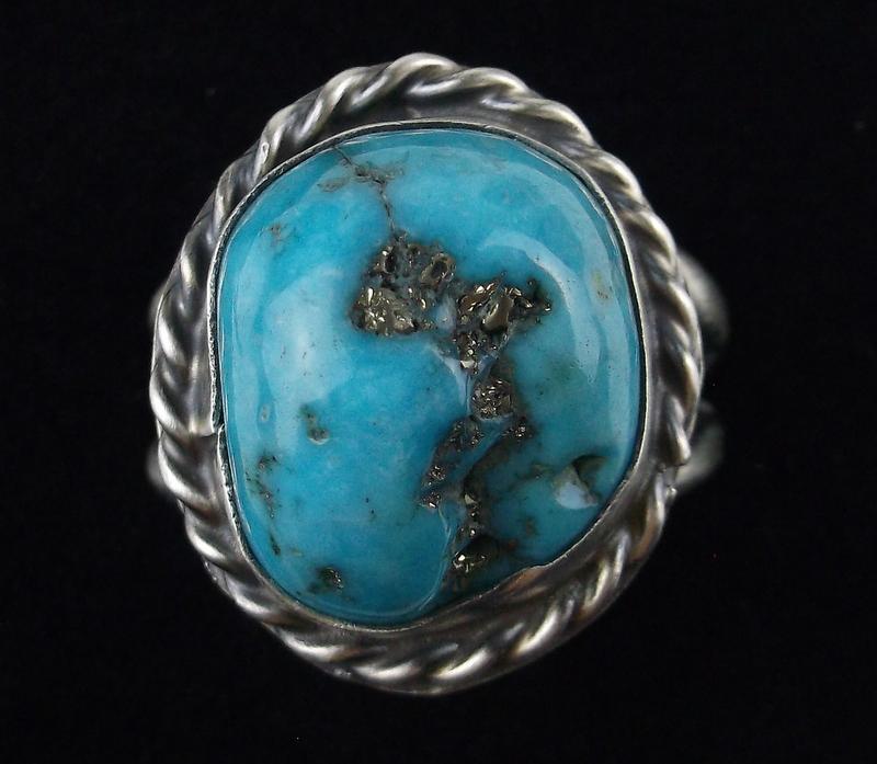 Navajo Betta Lee Sterling Gold Flake Turquoise Ring 8 (1 of 5)