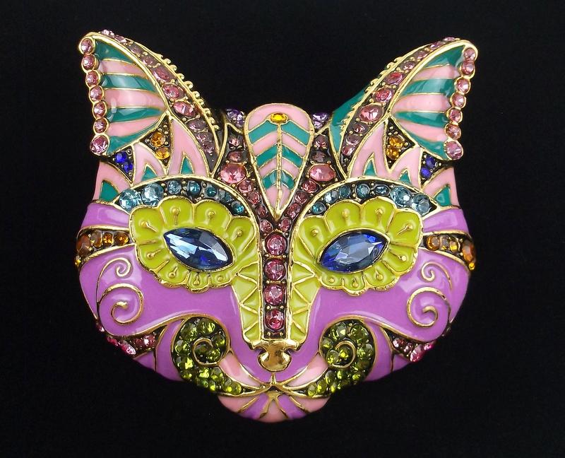 Big Mint Enameled Rhinestone Cat Mask Brooch (1 of 3)