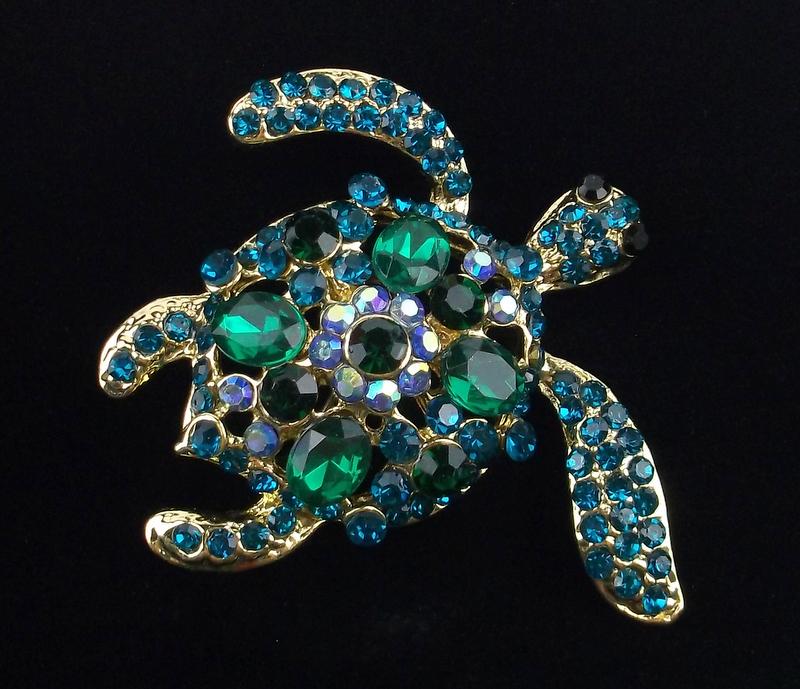 Mint Enameled Rhinestone Sea Turtle Brooch (1 of 2)