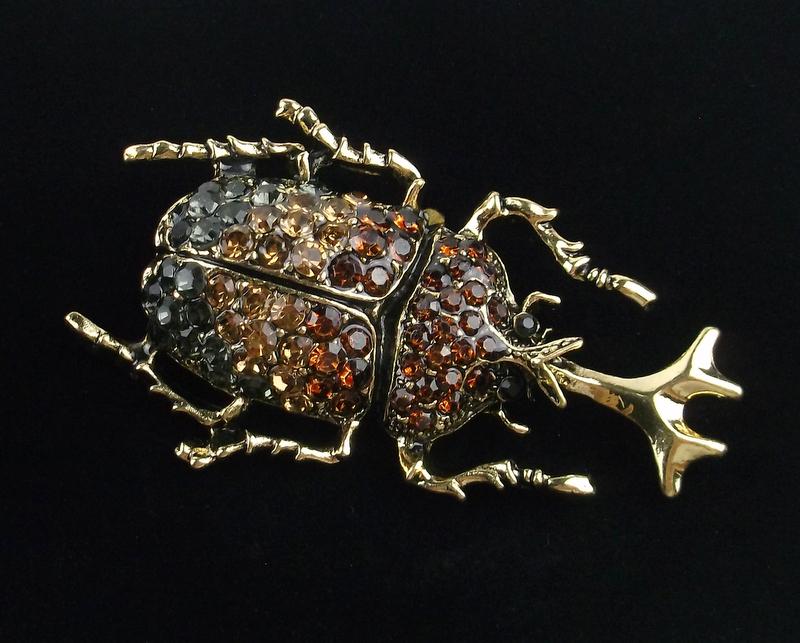 Big Mint Enameled Rhinestone Horned Beetle Brooch (1 of 2)