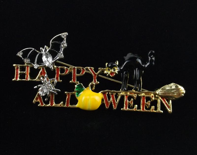 Mint Enameled Rhinestone Cat Bat Spider Brooch (1 of 2)