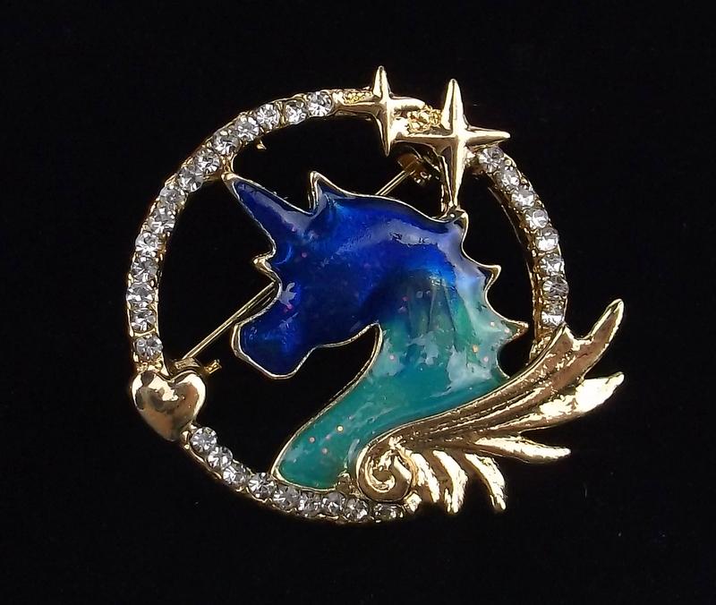 Mint Enameled Rhinestone Unicorn Pegasus Brooch (1 of 2)