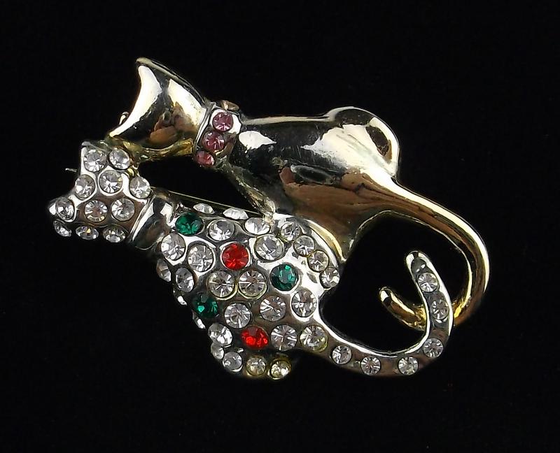 Mint Vintage Enameled Rhinestone Cat Brooch (1 of 2)
