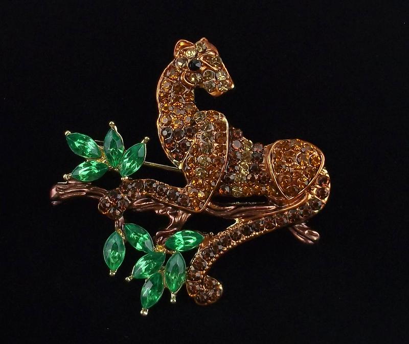 Mint Enameled Rhinestone Leopard Brooch (1 of 2)