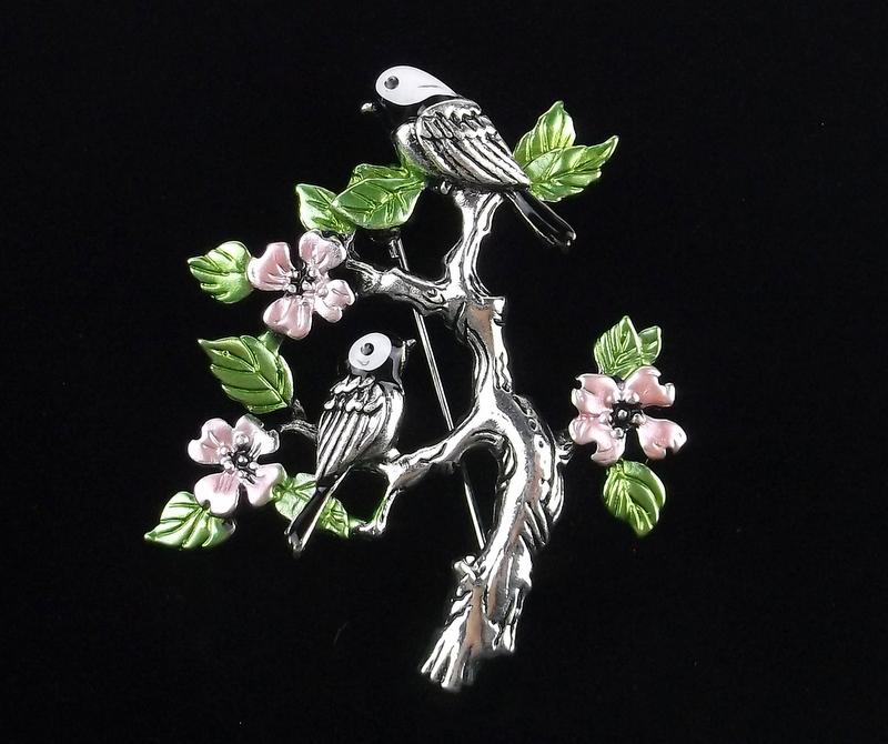 Mint Enameled Bird on Branch Brooch (1 of 2)