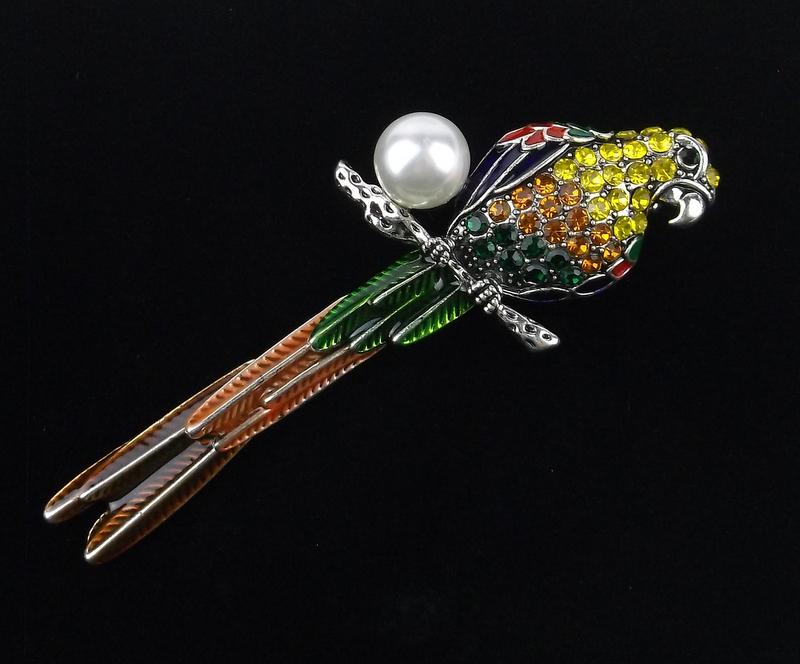 Mint Enameled Rhinestone Parrot Brooch Tail Sways (1 of 2)
