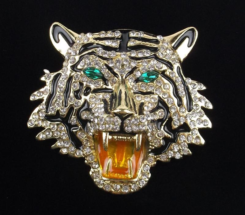 Big Mint Enameled Rhinestone Tiger Brooch (1 of 2)
