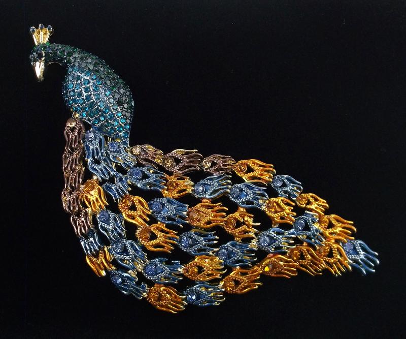 Big Mint Enameled Rhinestone Peacock Brooch (1 of 2)