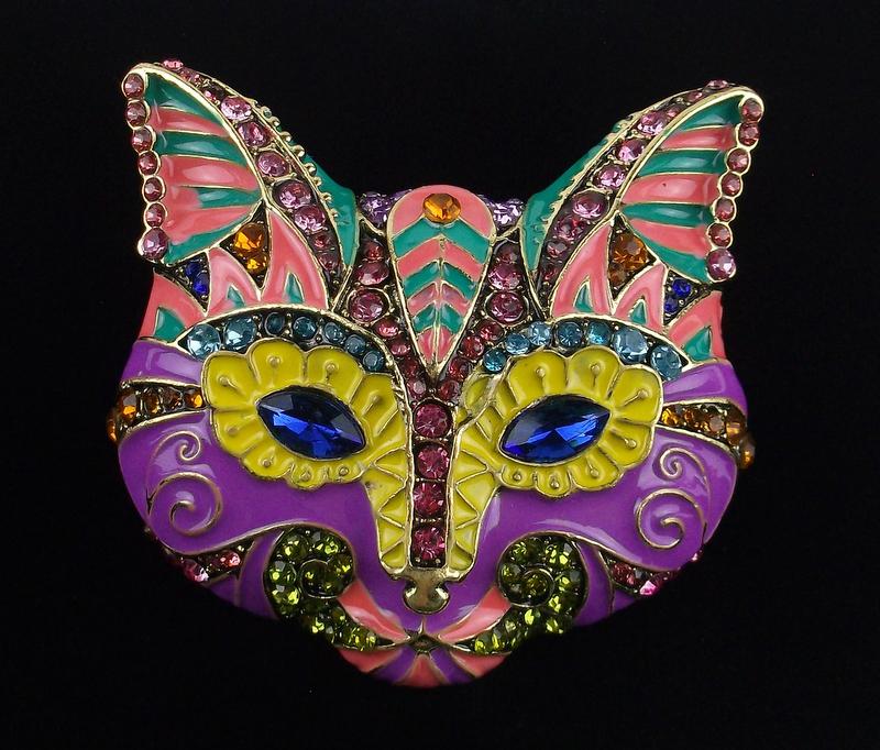 Big Mint Enameled Rhinestone Cat Mask Brooch (1 of 2)