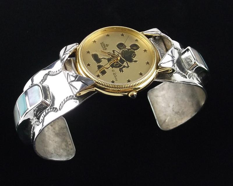 Huge Navajo Sterling Turq Mickey Watch Cuff Bracelet (1 of 10)