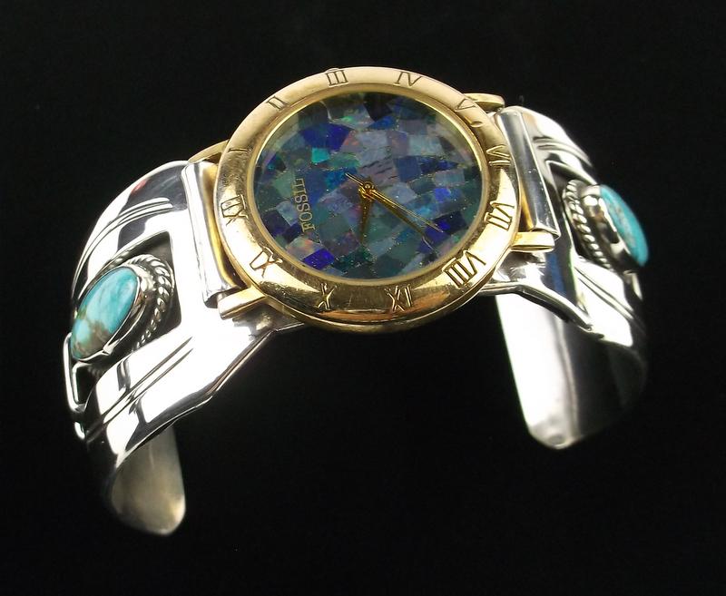 Huge Navajo Sterling Opal Turquoise Watch Cuff Bracelet (1 of 7)
