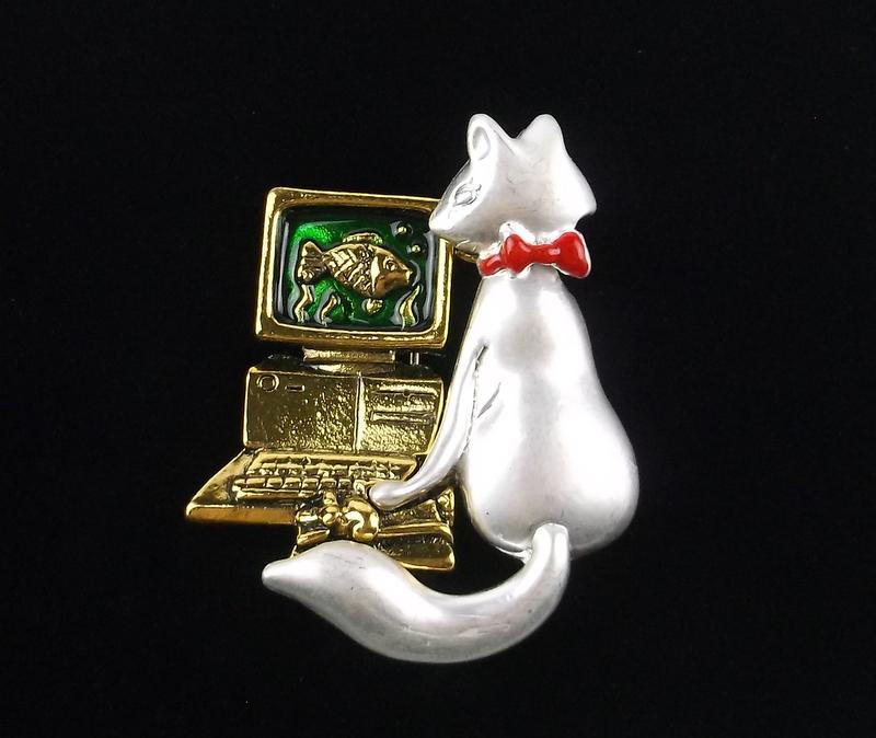 Mint Enameled Computer Cat Brooch (1 of 2)