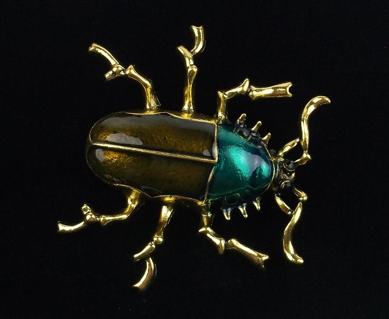 Mint Enameled Rhinestone Beetle Insect Brooch (1 of 2)