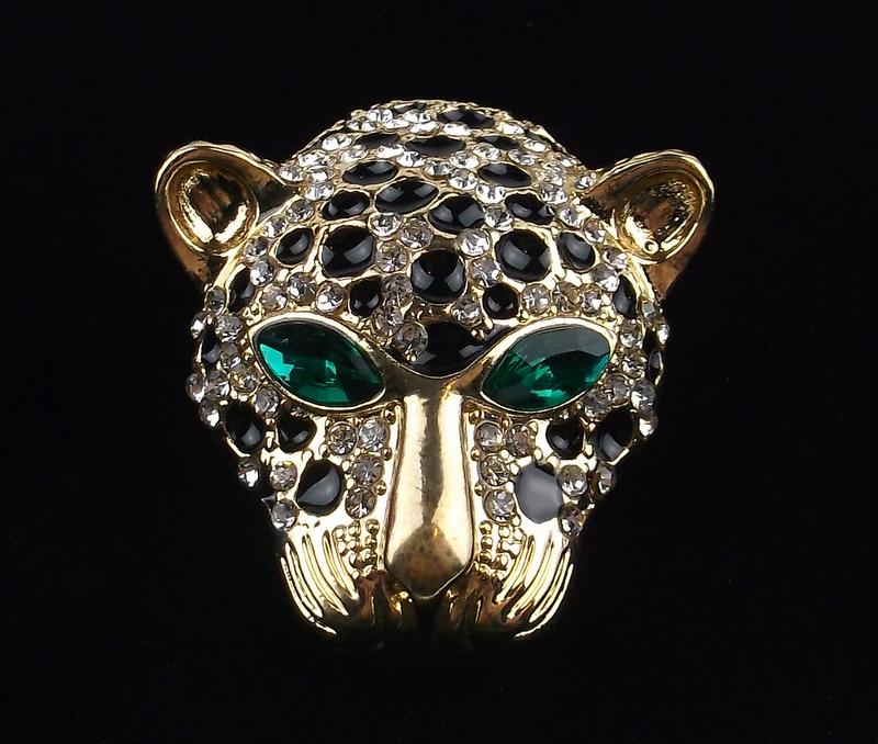 Mint Enameled Rhinestone Leopard Brooch (1 of 2)