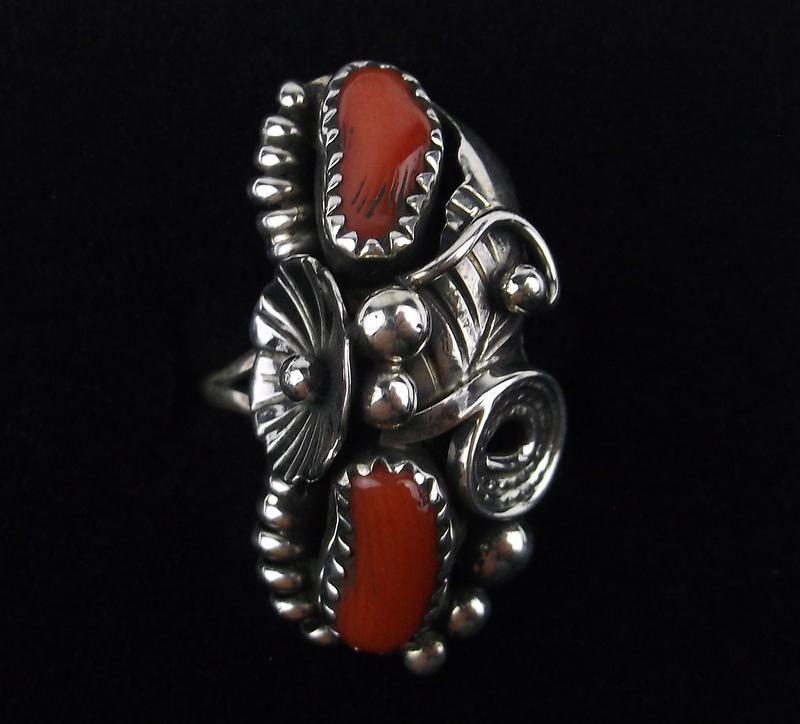 Navajo Carolyn Nez Sterling Silver Red Coral Ring 8 (1 of 3)