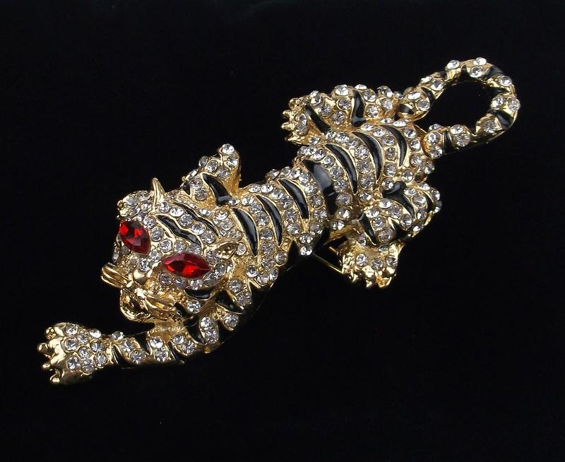 Big Mint Enameled Rhinestone Tiger Brooch (1 of 2)