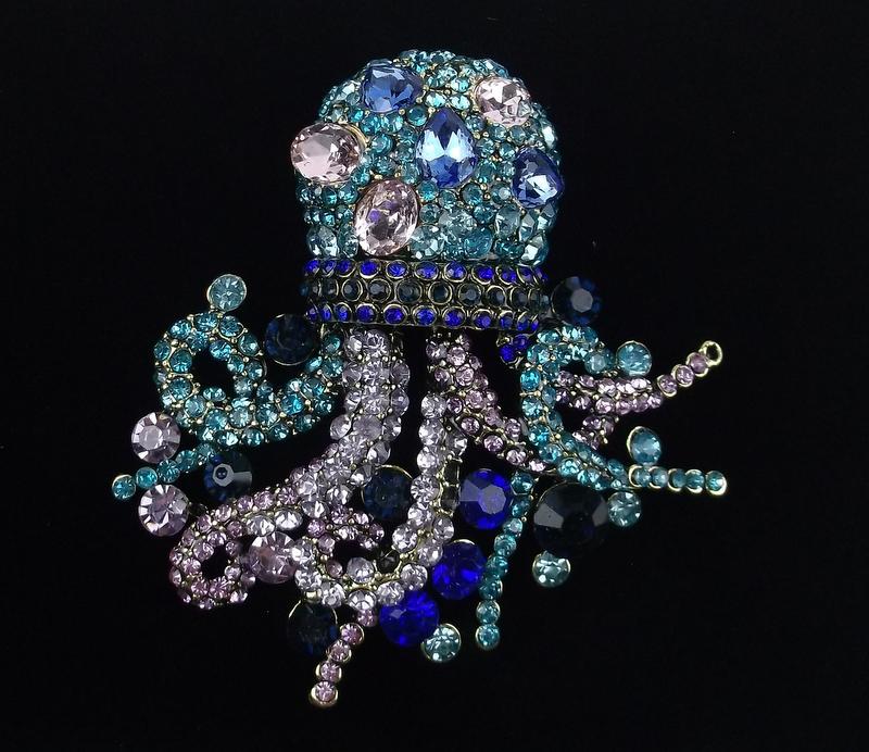Mint Enameled Rhinestone Octopus Brooch (1 of 2)