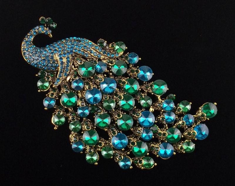 Big Mint Enameled Rhinestone Peacock Brooch (1 of 2)
