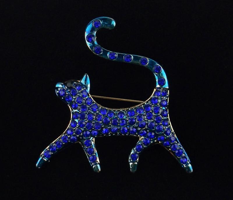 Mint Enameled Rhinestone Walking Cat Brooch (1 of 2)
