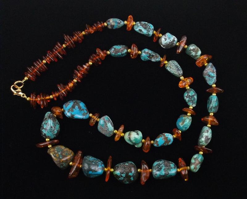 Big Mint Vintage Genuine Turquoise Amber Necklace 28" (1 of 4)