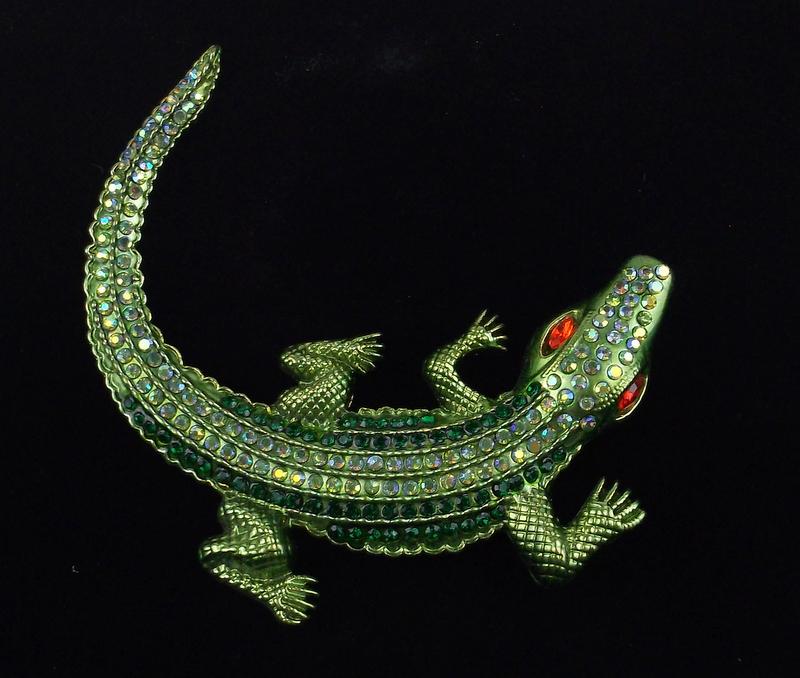 Mint Enameled Rhinestone Alligator Brooch (1 of 2)