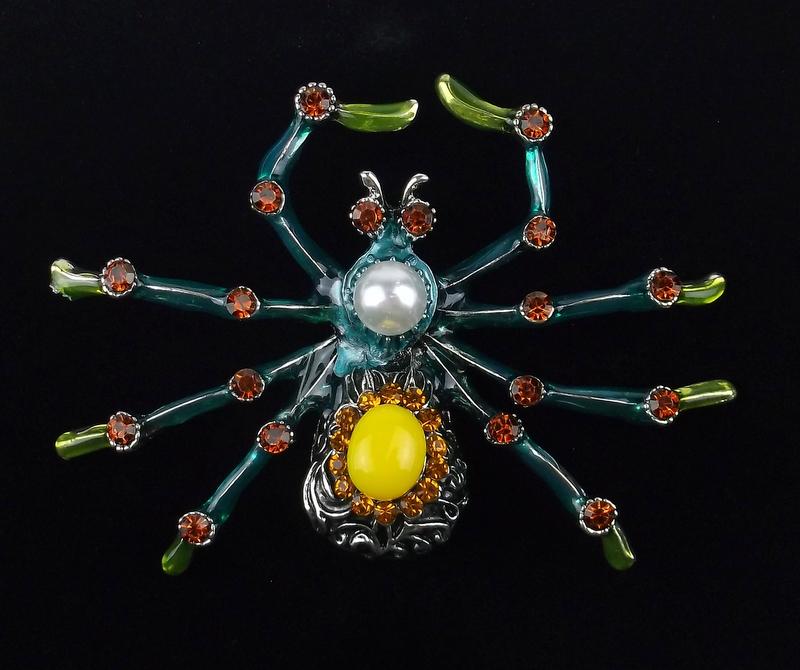 Mint Enameled Rhinestone Spider Brooch Big (1 of 2)