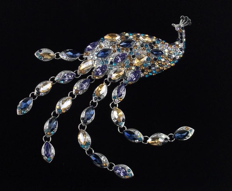Big Mint Enameled Rhinestone Peacock Brooch Life Size (1 of 2)