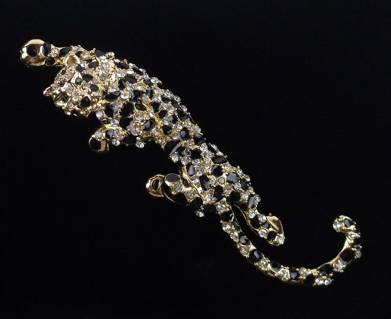 Mint Enameled Rhinestone Leopard Brooch (1 of 2)