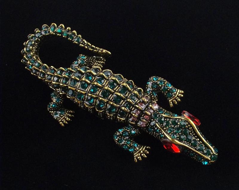 Mint Enameled Rhinestone Alligator Brooch (1 of 2)