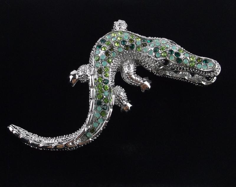 Mint Enameled Rhinestone Alligator Brooch (1 of 2)
