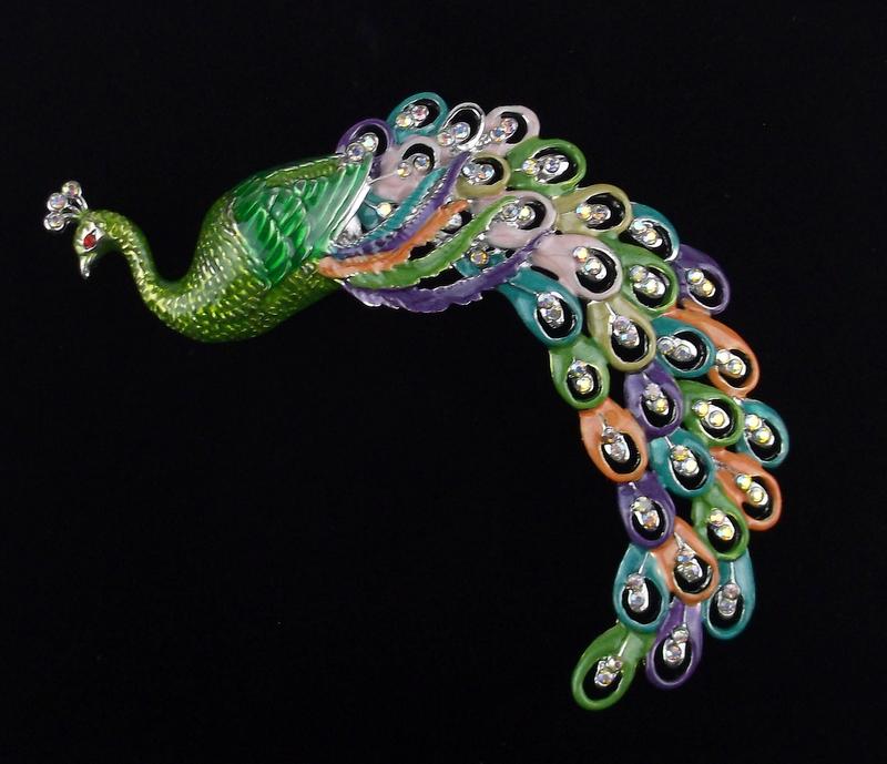 Huge Mint Enameled Rhinestone Peacock Brooch (1 of 2)