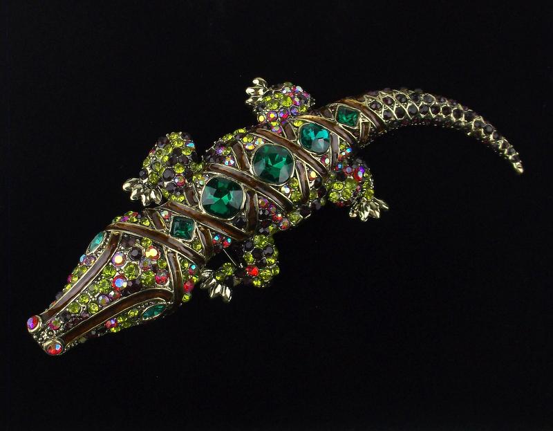 Huge Mint Enameled Rhinestone Alligator Brooch (1 of 3)