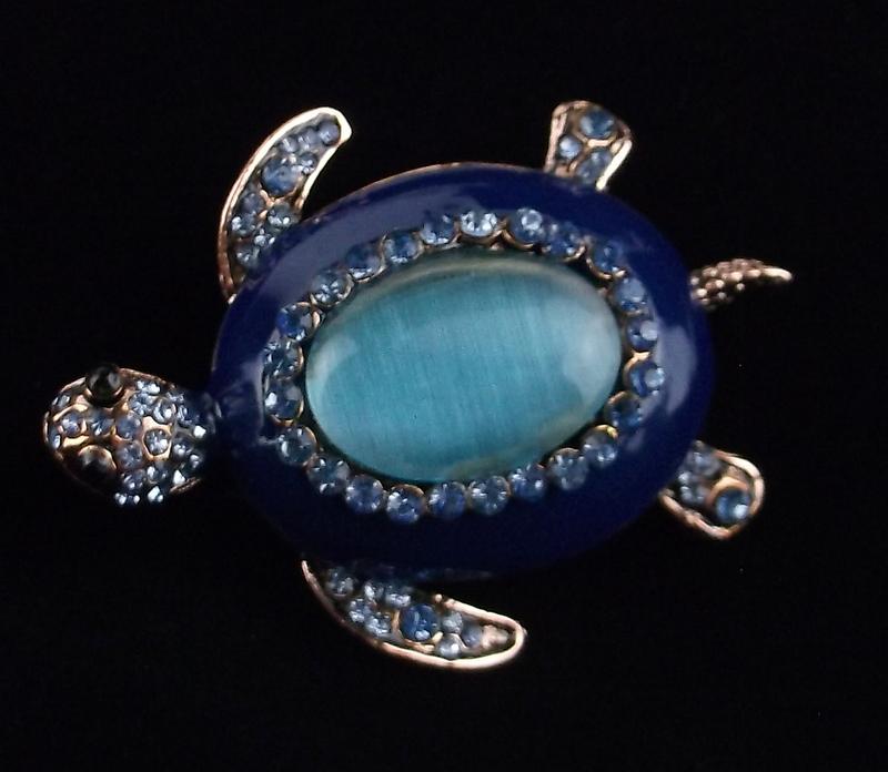 Mint Enameled Rhinestone Sea Turtle Brooch (1 of 2)