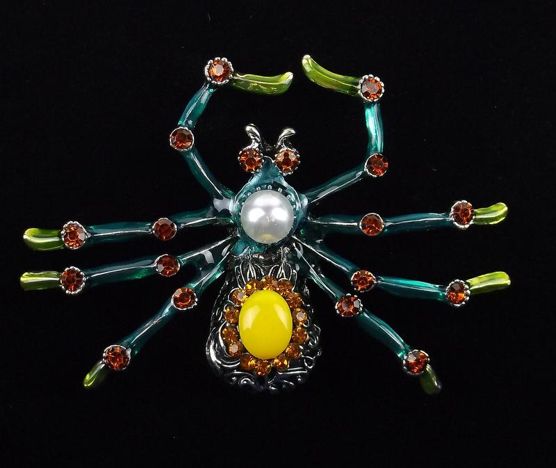 Big Mint Enameled Rhinestone Spider Brooch (1 of 2)
