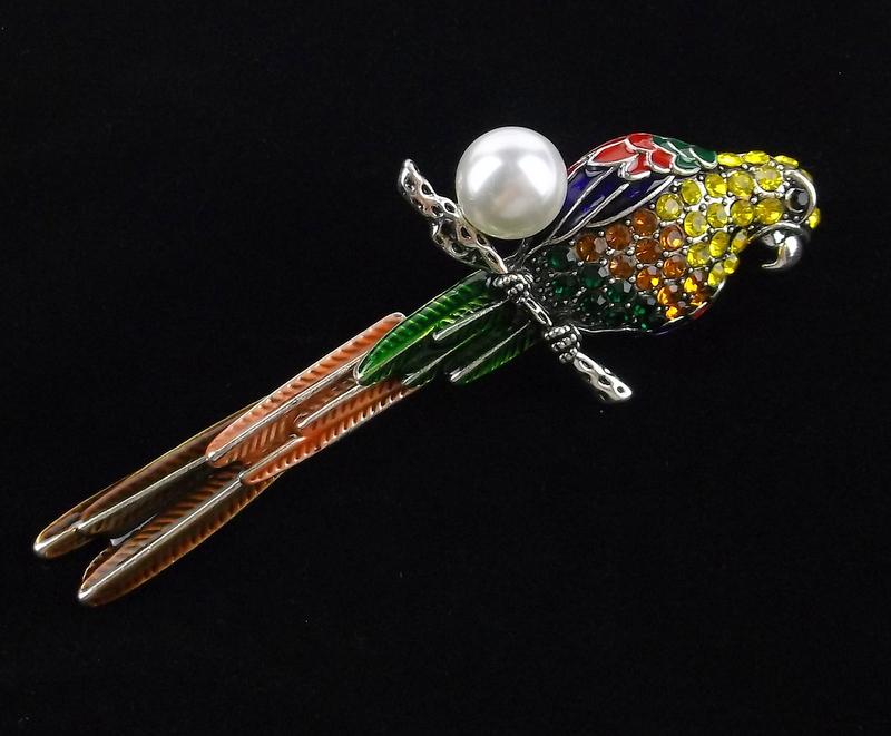 Mint Enameled Rhinestone Parrot Brooch Tail Sways (1 of 3)