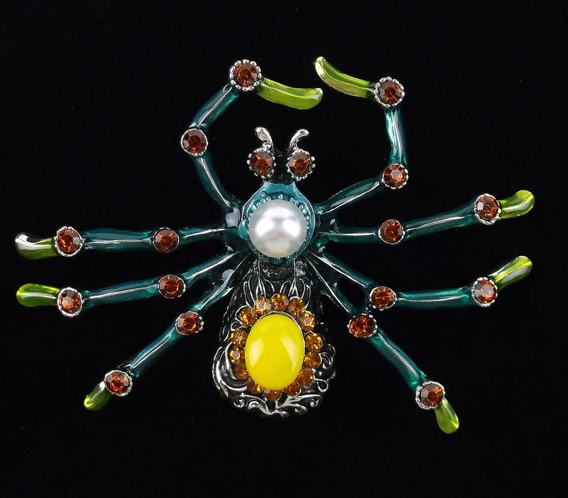Big Mint Enameled Rhinestone Spider Brooch (1 of 1)