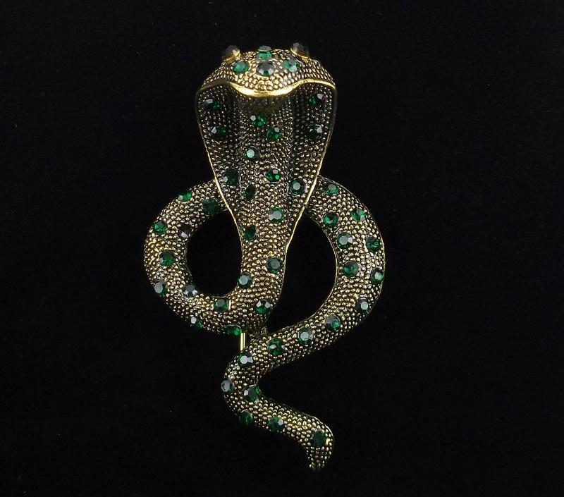 Mint Enameled Rhinestone Cobra Snake Brooch (1 of 2)