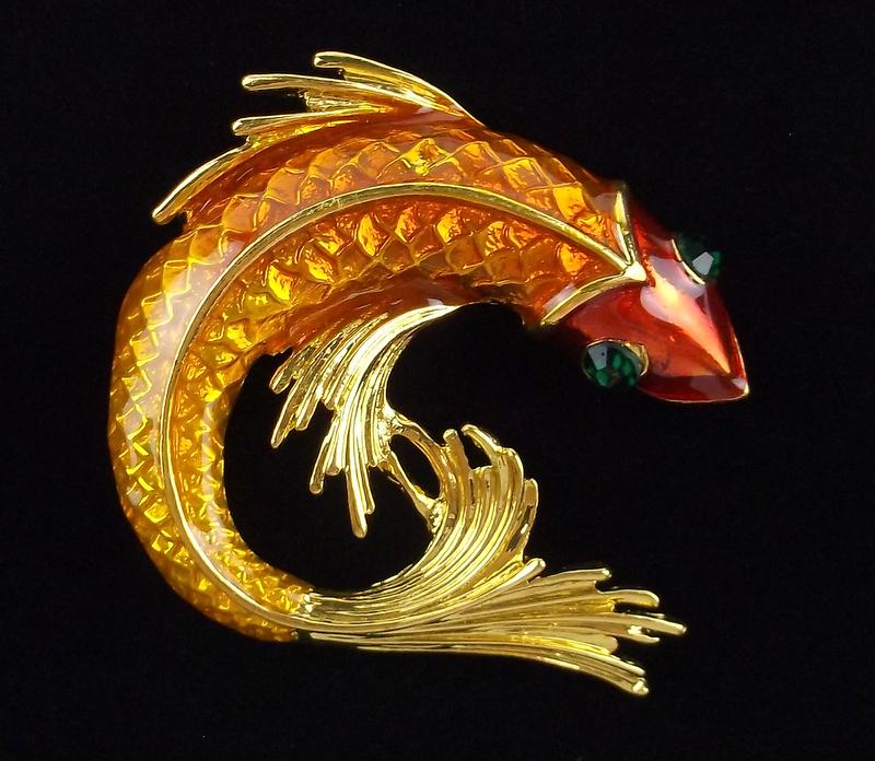 Mint Enameled Rhinestone Golden Koi Fish Brooch (1 of 2)