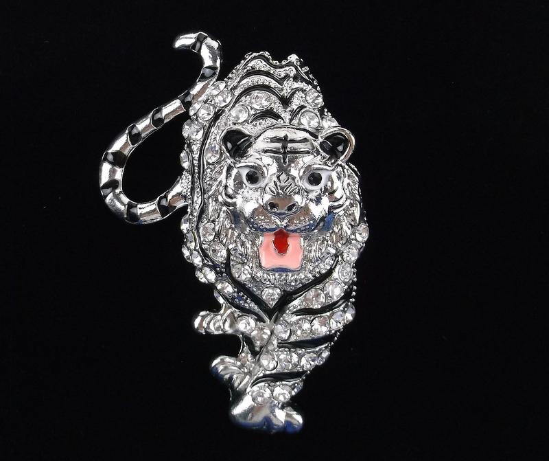 Big Mint Enameled Rhinestone Tiger Brooch (1 of 2)