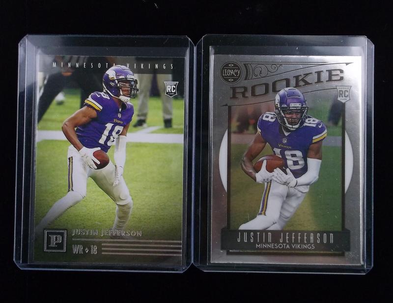 2020 Panini Legacy Justin Jefferson RC Card Lot Vikings: q All trading card singles are straight from pack to penny sleeve and top loader/card saver and are in great condition.