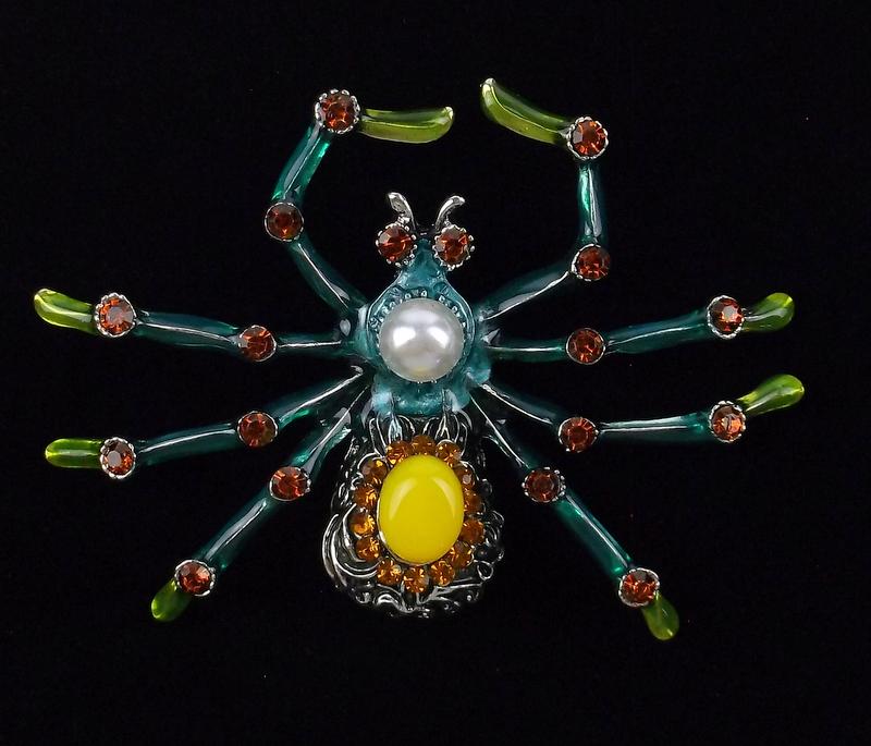 Big Mint Enameled Rhinestone Spider Brooch (1 of 2)