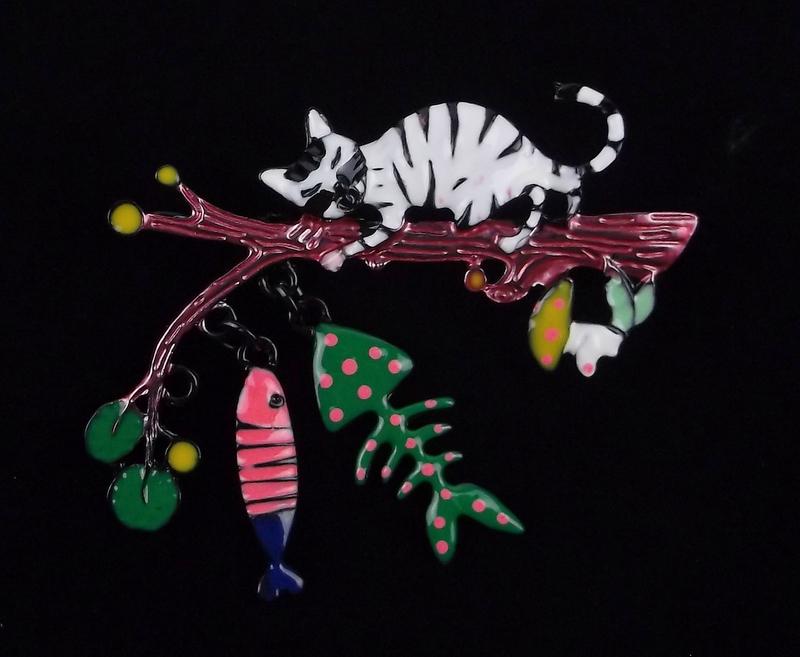 Mint Enameled Cat In Tree Branch Brooch (1 of 2)