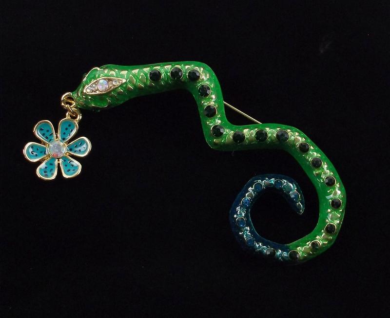 Mint Enameled Rhinestone Snake Brooch (1 of 2)