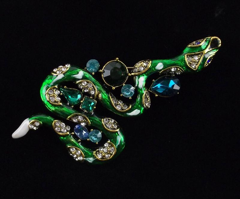 Mint Enameled Rhinestone Snake Brooch (1 of 2)