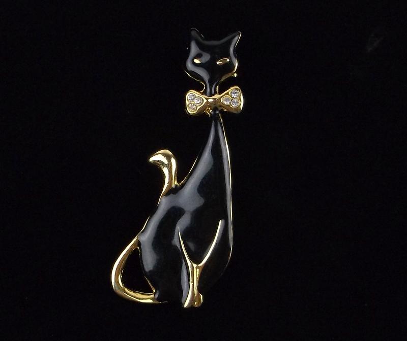 Mint Vintage Enameled Rhinestone Cat Brooch (1 of 3)