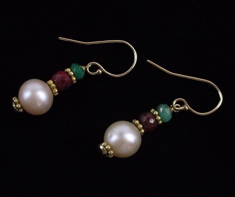 Mint Vintage 14kt Gold Ruby Emerald Pearl Earrings (1 of 2)