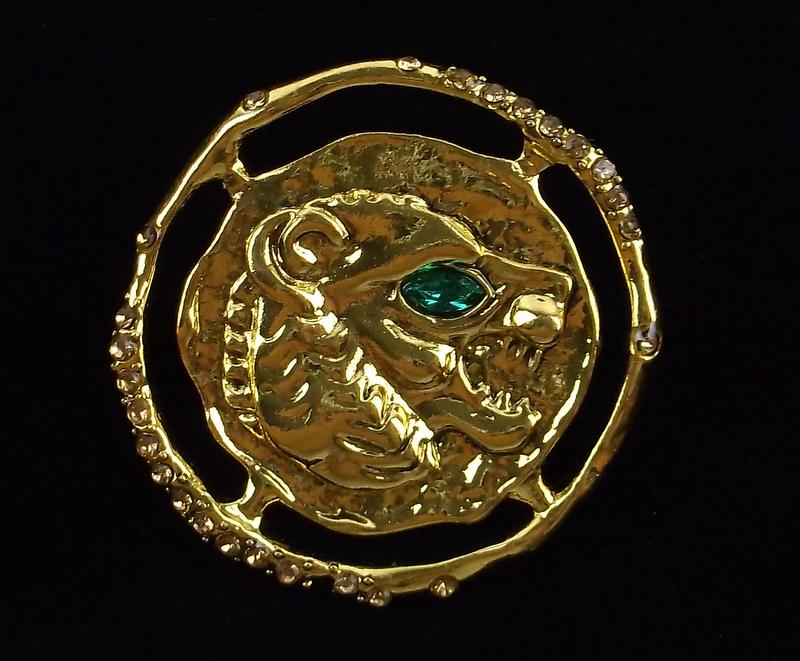 Mint Enameled Rhinestone Wolf Crest Brooch (1 of 2)
